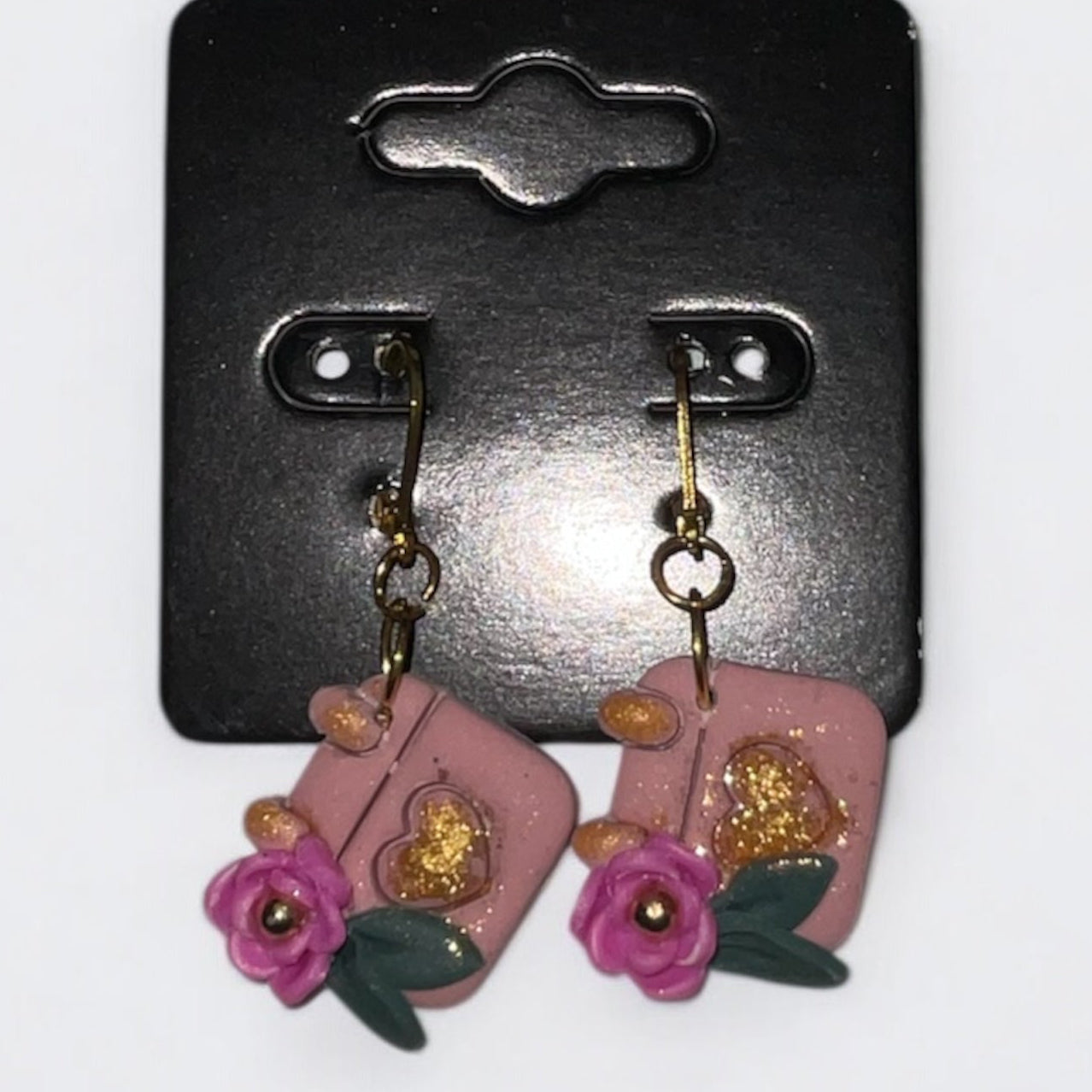 Pink Floral Gold Accent Dangle Earrings
