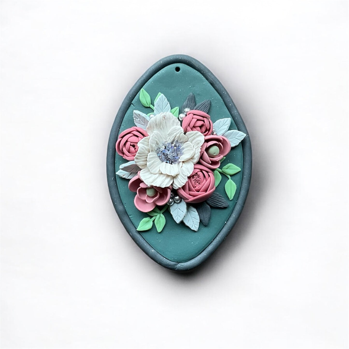 Vintage Teal Wall Plaque - Handcrafted Floral Clay Art