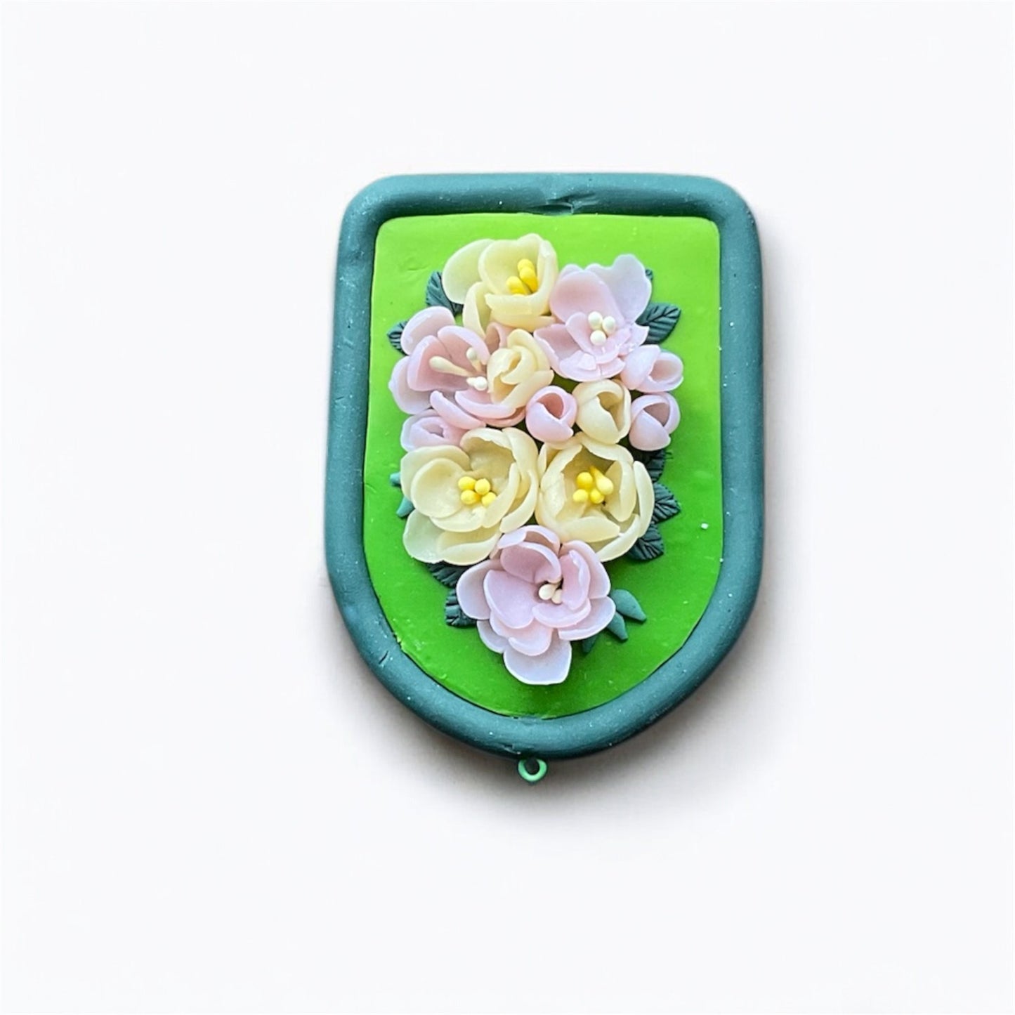 Green Blossom Shield - Handcrafted Floral Clay Wall Art