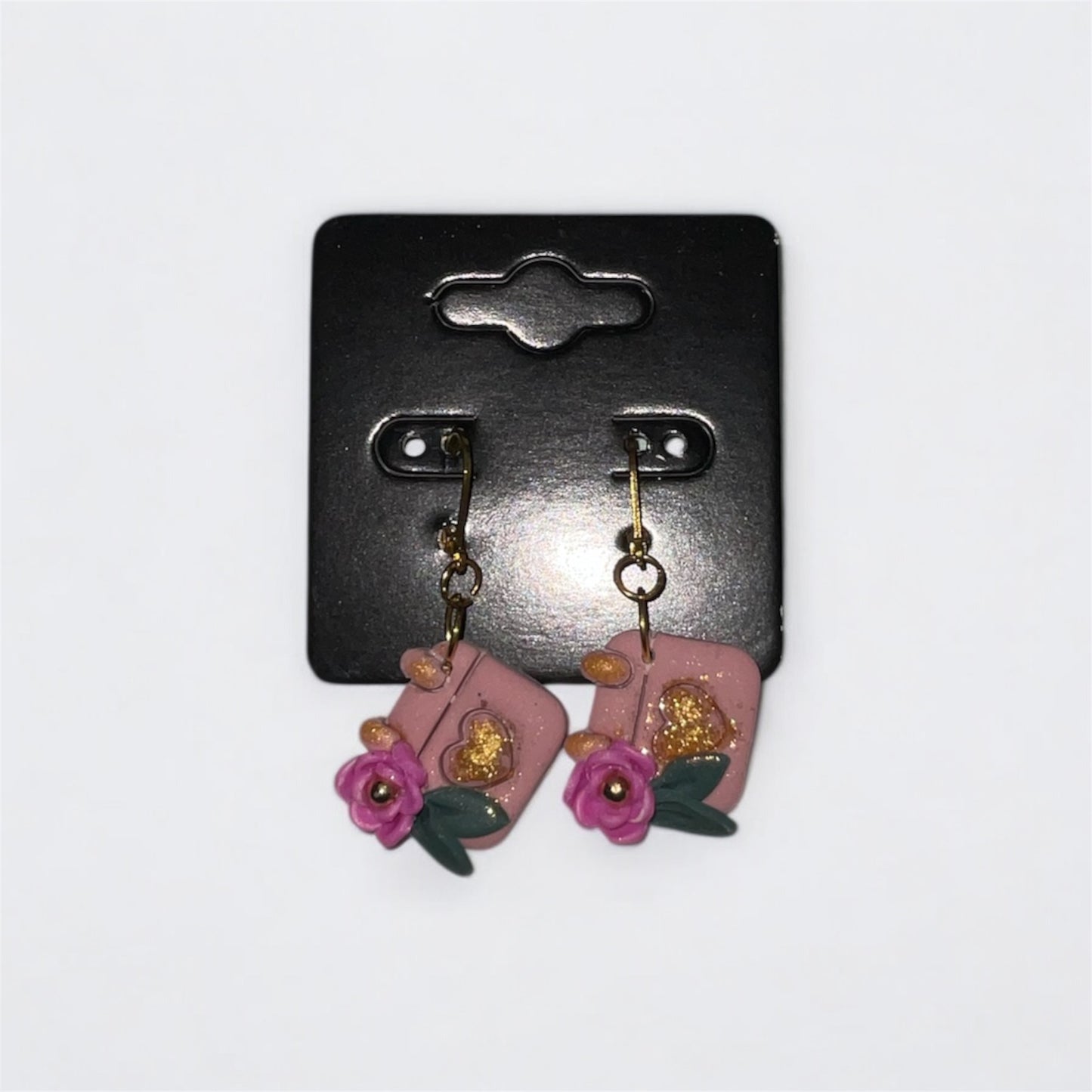 Pink Floral Gold Accent Dangle Earrings