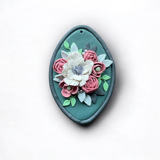 Vintage Teal Wall Plaque - Handcrafted Floral Clay Art