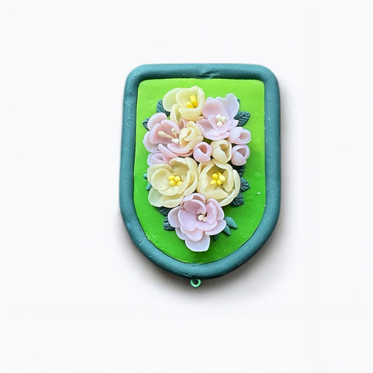 Green Blossom Shield - Handcrafted Floral Clay Wall Art