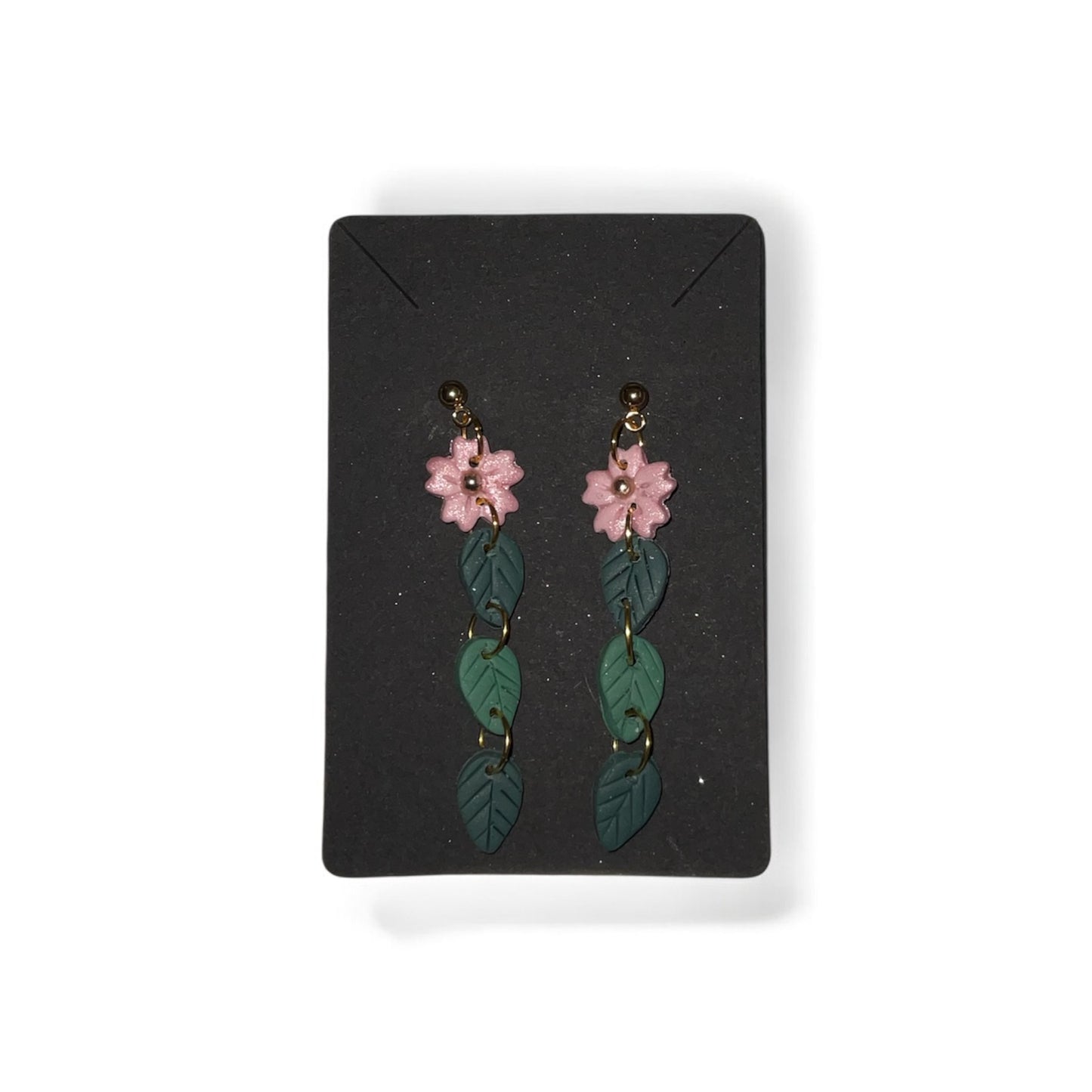 Handcrafted Pink Flower & Green Leaf Dangle Earrings