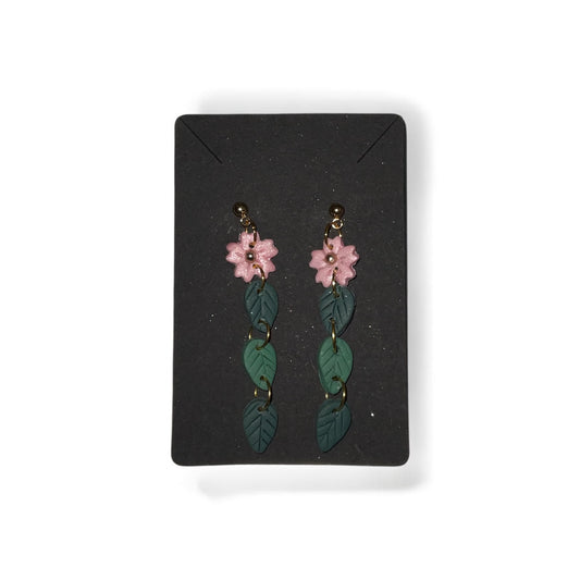 Handcrafted Pink Flower & Green Leaf Dangle Earrings